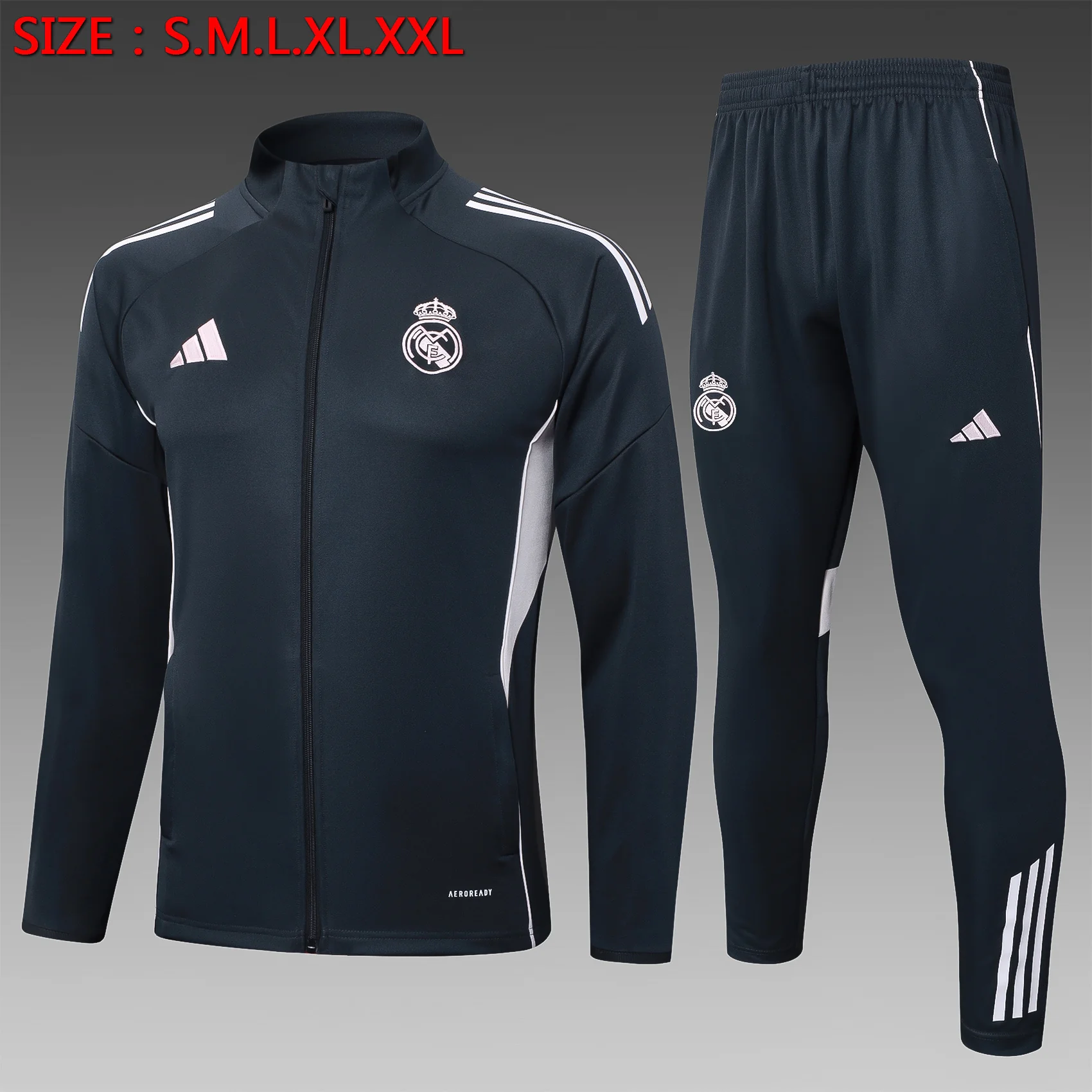 A2541# 2526 Full-Zip Football Jacket Kit (Top+Pants) Real Madrid Dark Gray