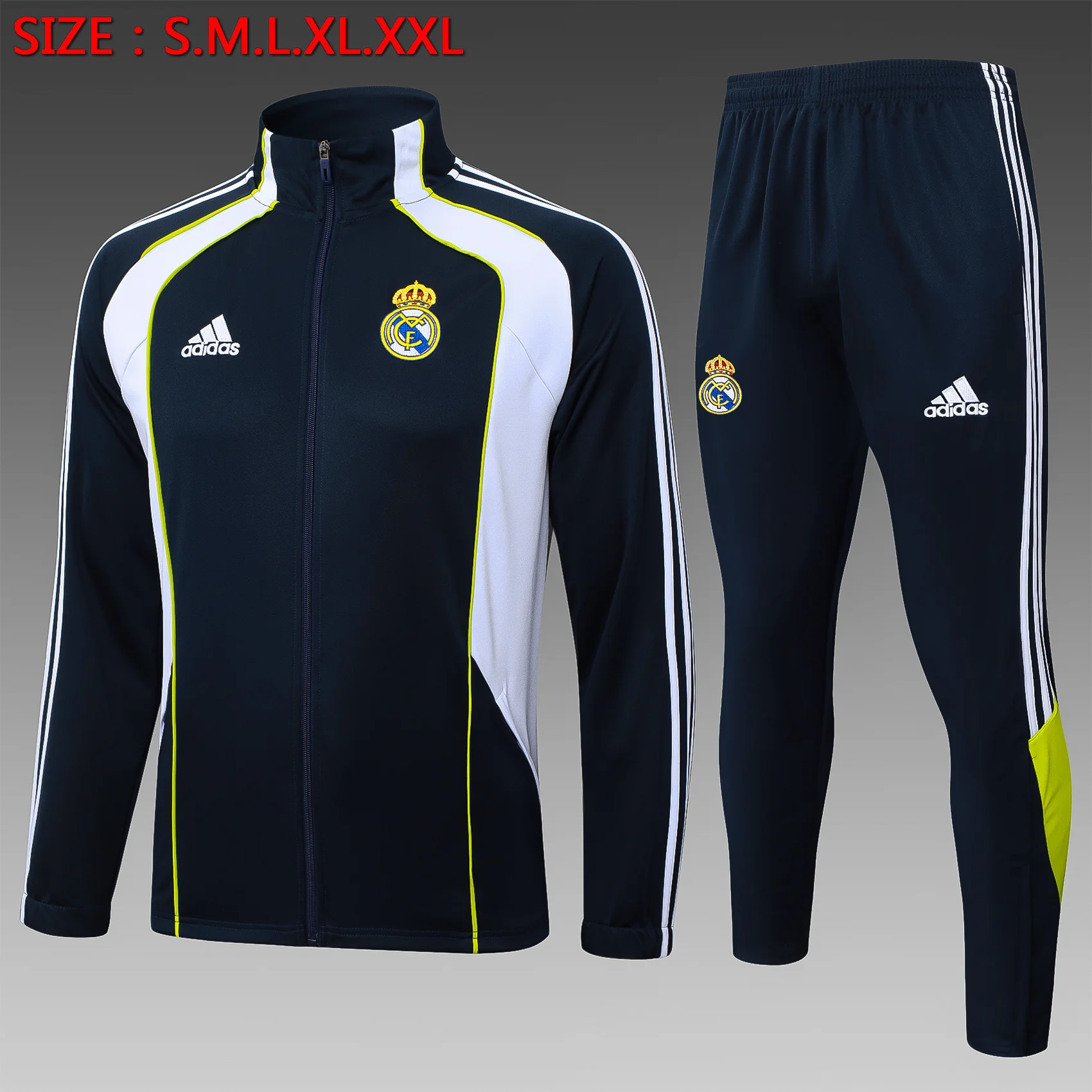 A2545# 2526 Full-Zip Football Jacket Kit (Top+Pants) Real Madrid Cyan Blue Vintage Edition (White Accents)