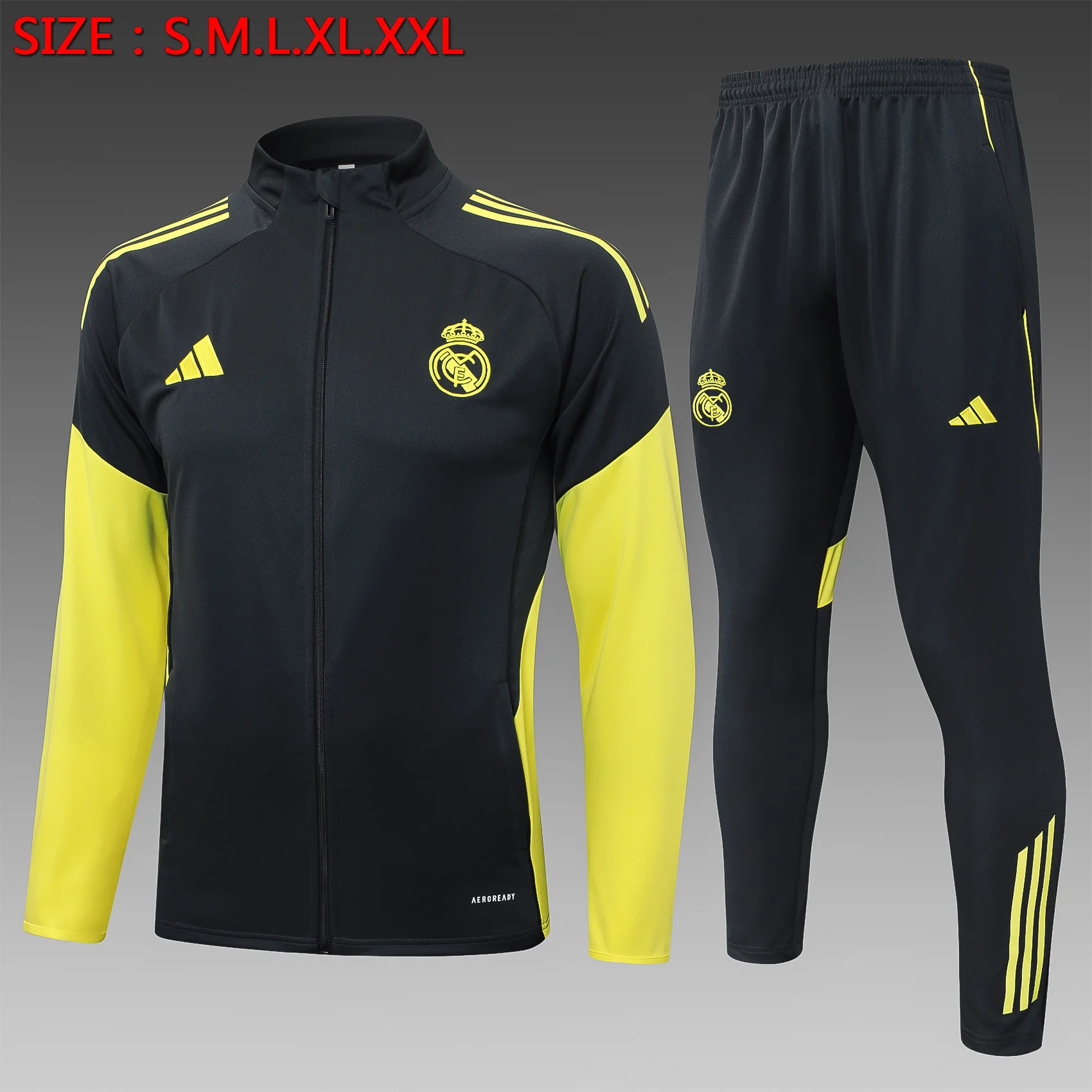 A2547# 2526 Full-Zip Football Jacket Kit (Top+Pants) Real Madrid Dark Gray (Yellow Sleeves)