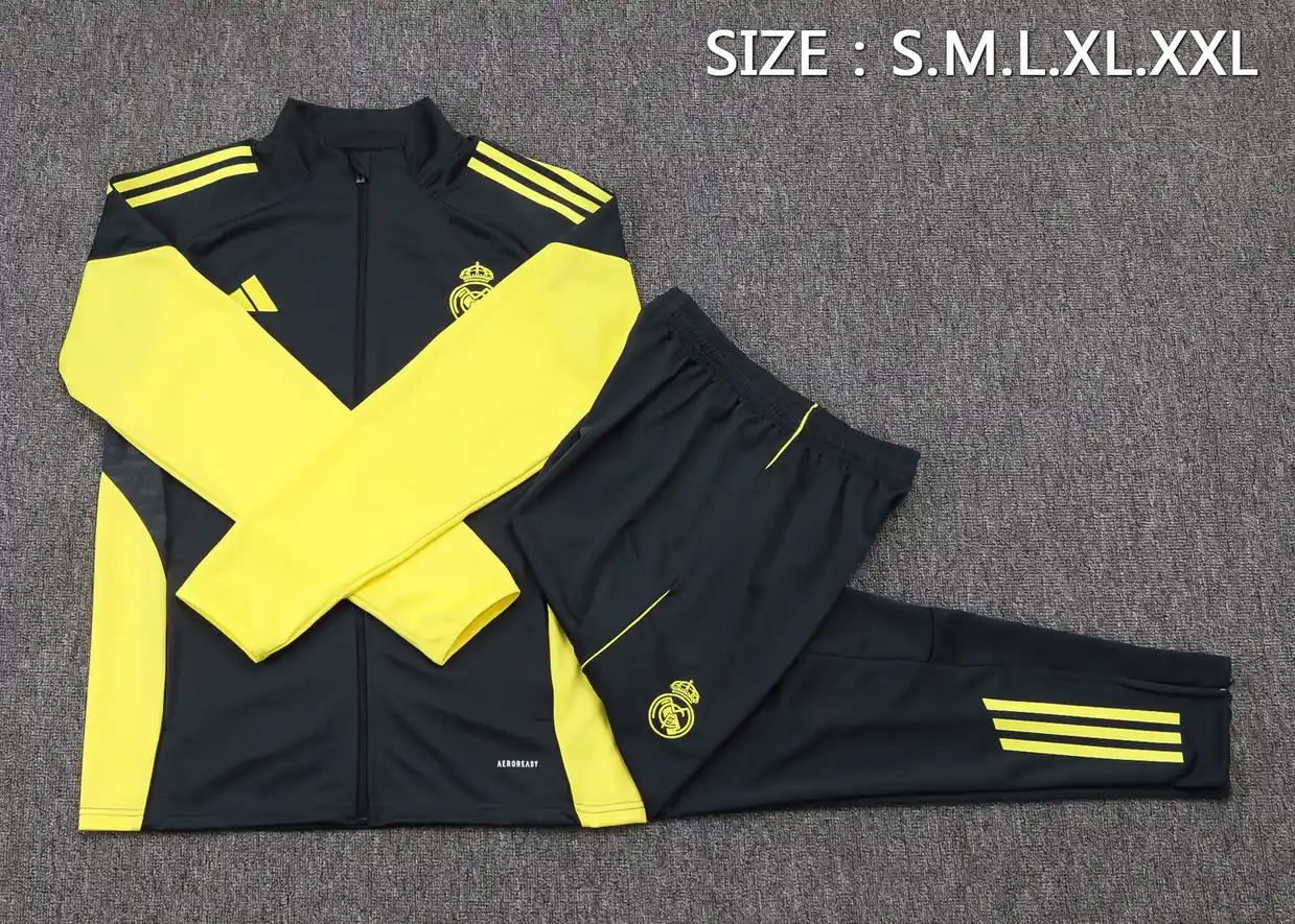 A2547# 2526 Full-Zip Football Jacket Kit (Top+Pants) Real Madrid Dark Gray (Yellow Sleeves) - Image 6