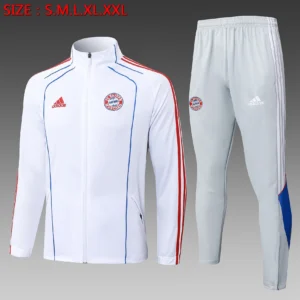 A2551# 2526 Full-Zip Football Jacket Kit (Top+Pants) Bayern Munich White Vintage Edition (Colorful Blue Trim)