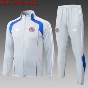 A2552# 2526 Full-Zip Football Jacket Kit (Top+Pants) Bayern Munich Light Gray Vintage Edition (Colorful Blue Trim)