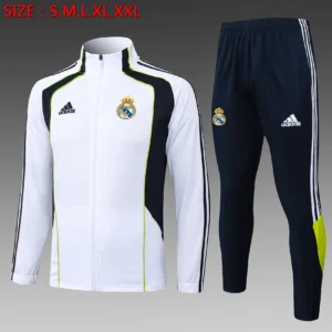 A2553# 2526 Full-Zip Football Jacket Kit (Top+Pants) Real Madrid White Vintage Edition (Cyan Blue Accents)