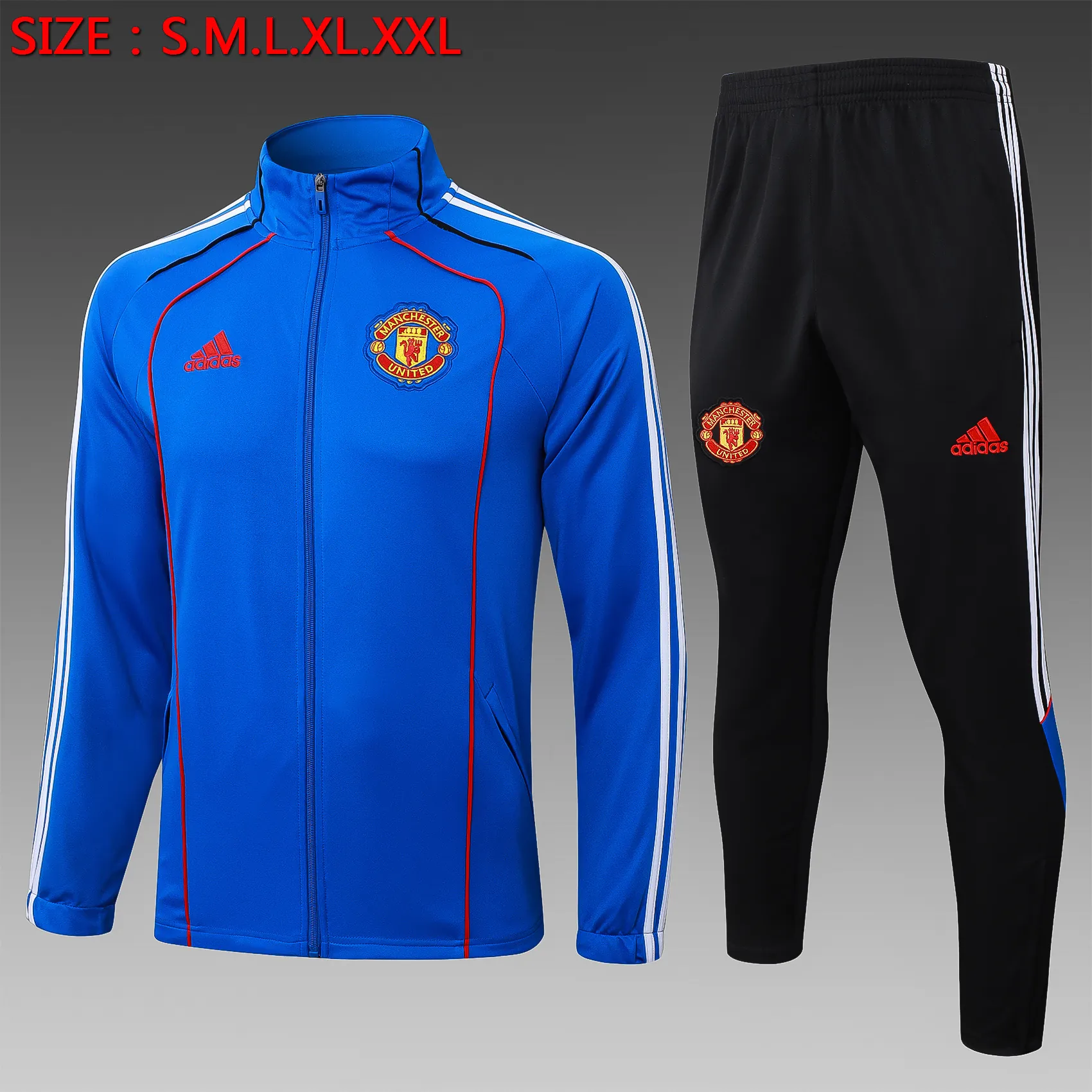 A2560# 2526 Full-Zip Football Jacket Kit (Top+Pants) Manchester United Royal Blue Vintage Edition