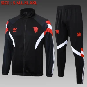 A802# 2425 Full-Zip Football Jacket Kit (Top+Pants) Manchester United Black (Red & White Sleeves)